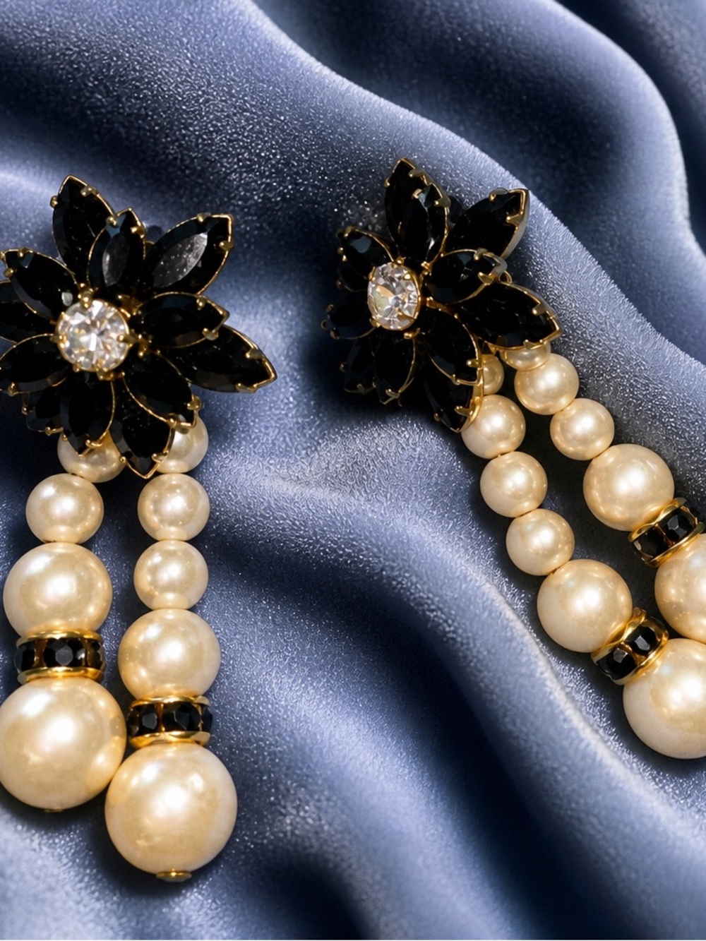 Elegant Pearl Drop Earrings with Black Crystal Flower - Unbranded
